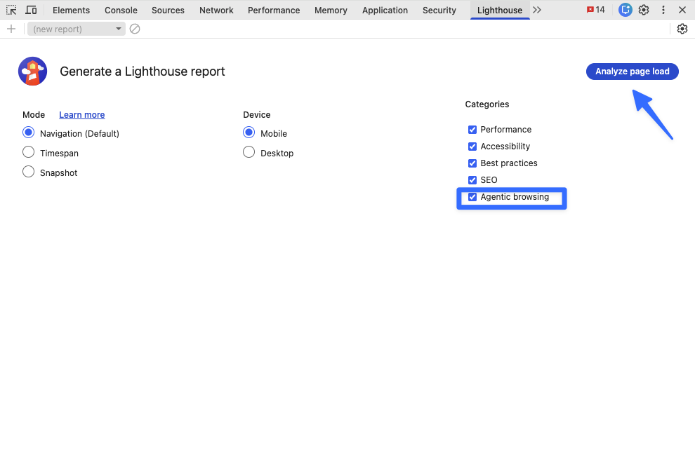Chrome Canary Lighthouse panel with the new Agentic browsing category checked in the Categories list.