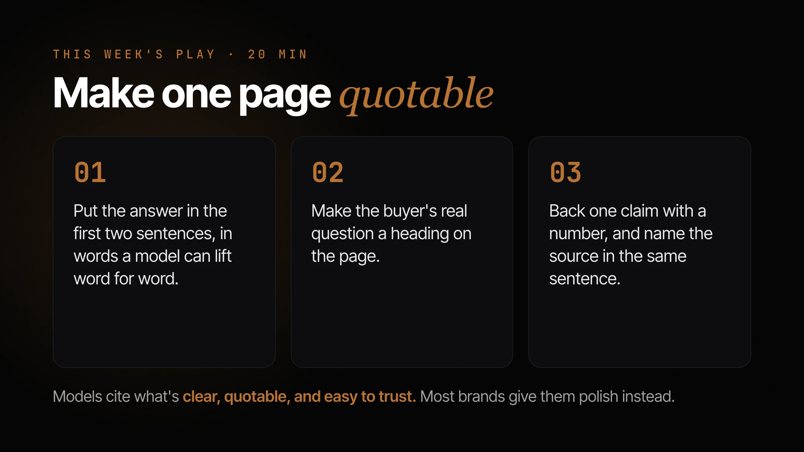 Three-step card titled Make one page quotable: put the answer in the first two sentences in words a model can lift word for word, make the buyer's real question a heading on the page, and back one claim with a number while naming the source in the same sentence.