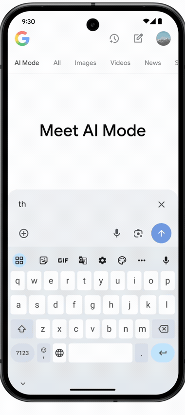 Google AI Mode tab on a phone answering a full question and kicking off multiple searches behind the scenes