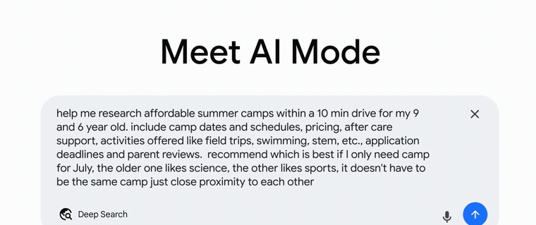 Google Deep Search in AI Mode issuing many searches and building an expert, fully-cited report