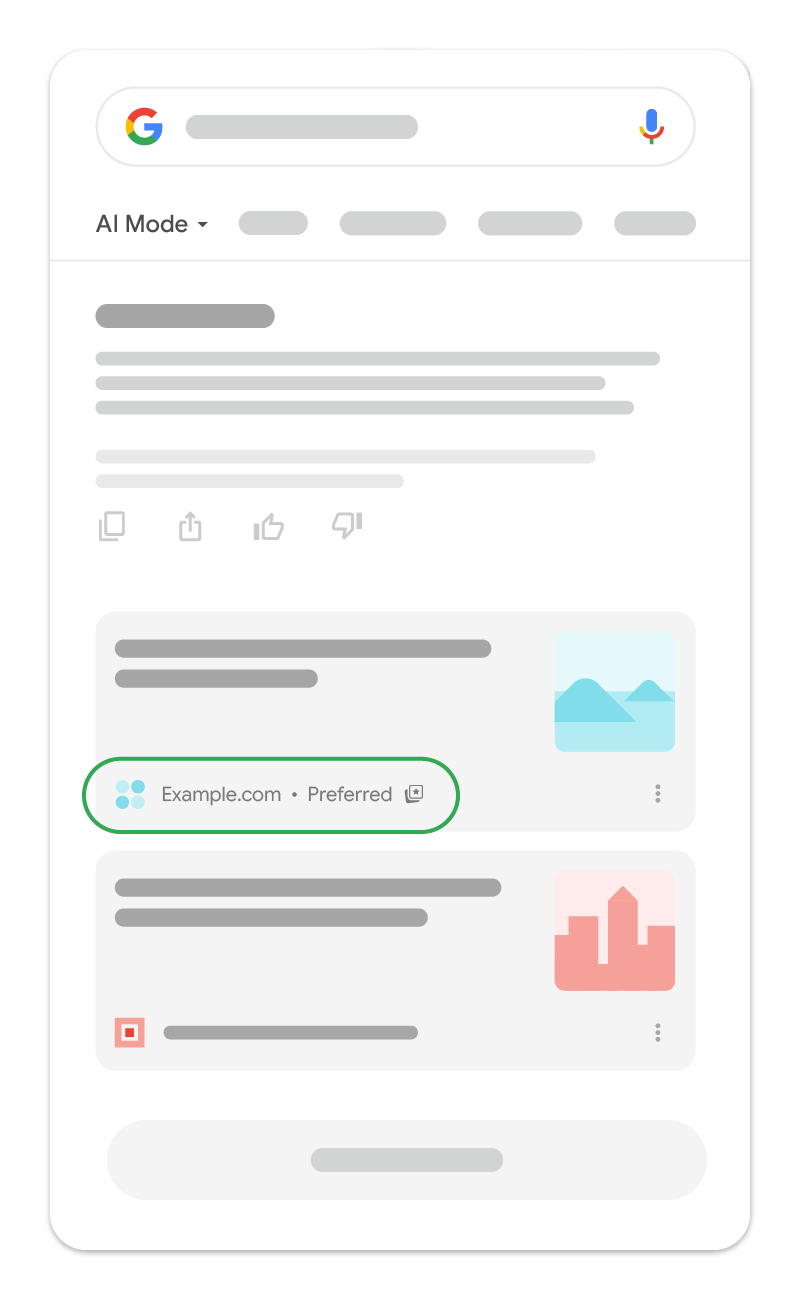 Google AI Mode answer showing a Preferred source badge next to a cited link.