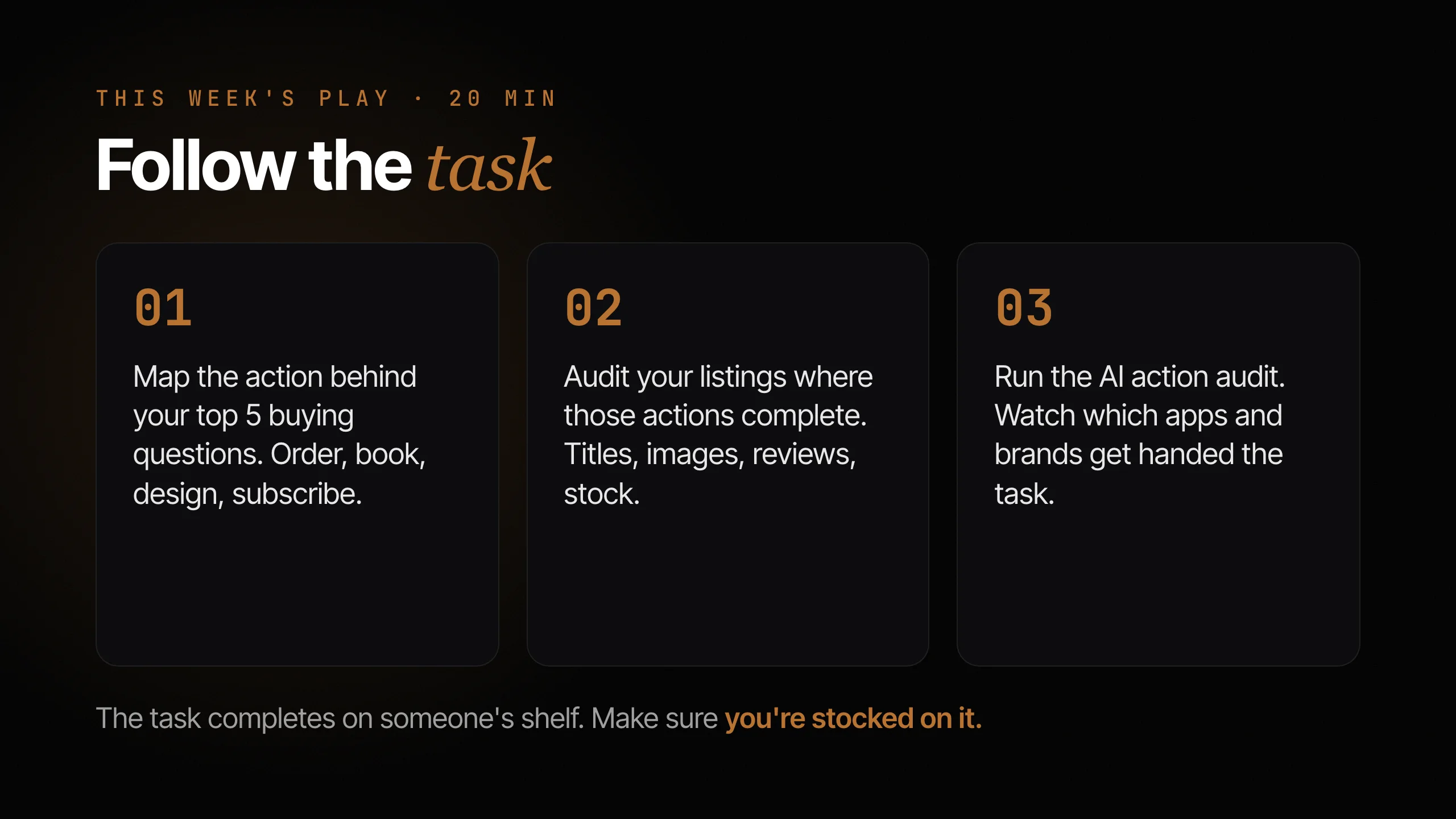 Three-step card: map the action behind your top five buying questions, audit your listings where those actions complete, and run the AI action audit to note who gets handed the task. Footer reads: the task completes on someone's shelf, so make sure you are stocked on it.